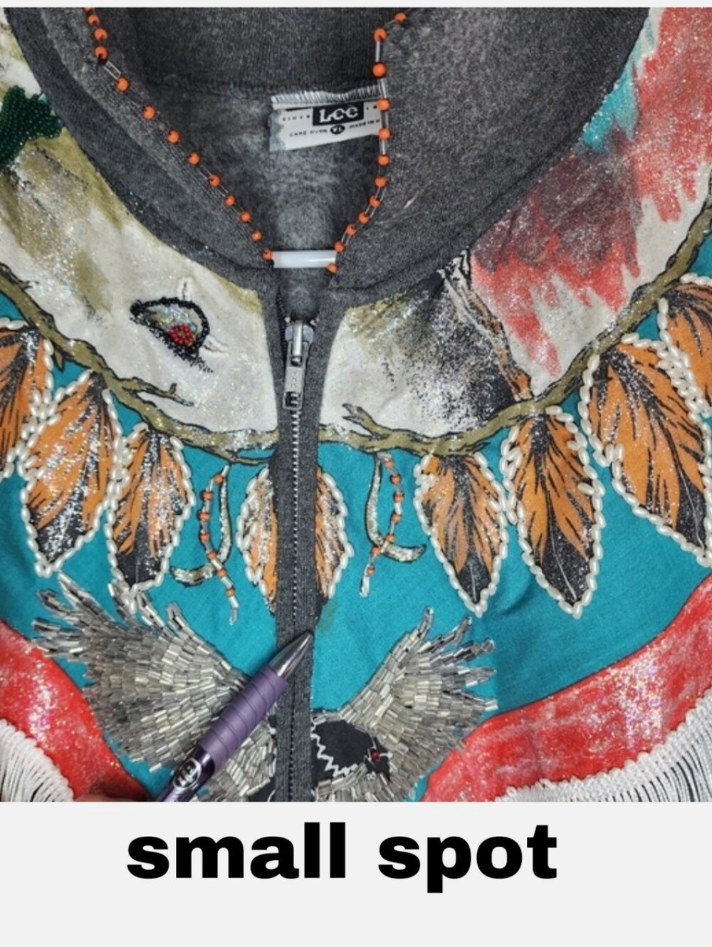 VINTAGE Handpainted Beaded Zip Sweatshirt Aztc Southwest Eagle Fringe Artsy XL - Picture 7 of 13